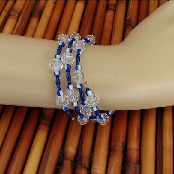 HANDMADE Blue, White & Clear Glass Wrap Around Cuff Bracelet Adjustable - Picture 9 of 9